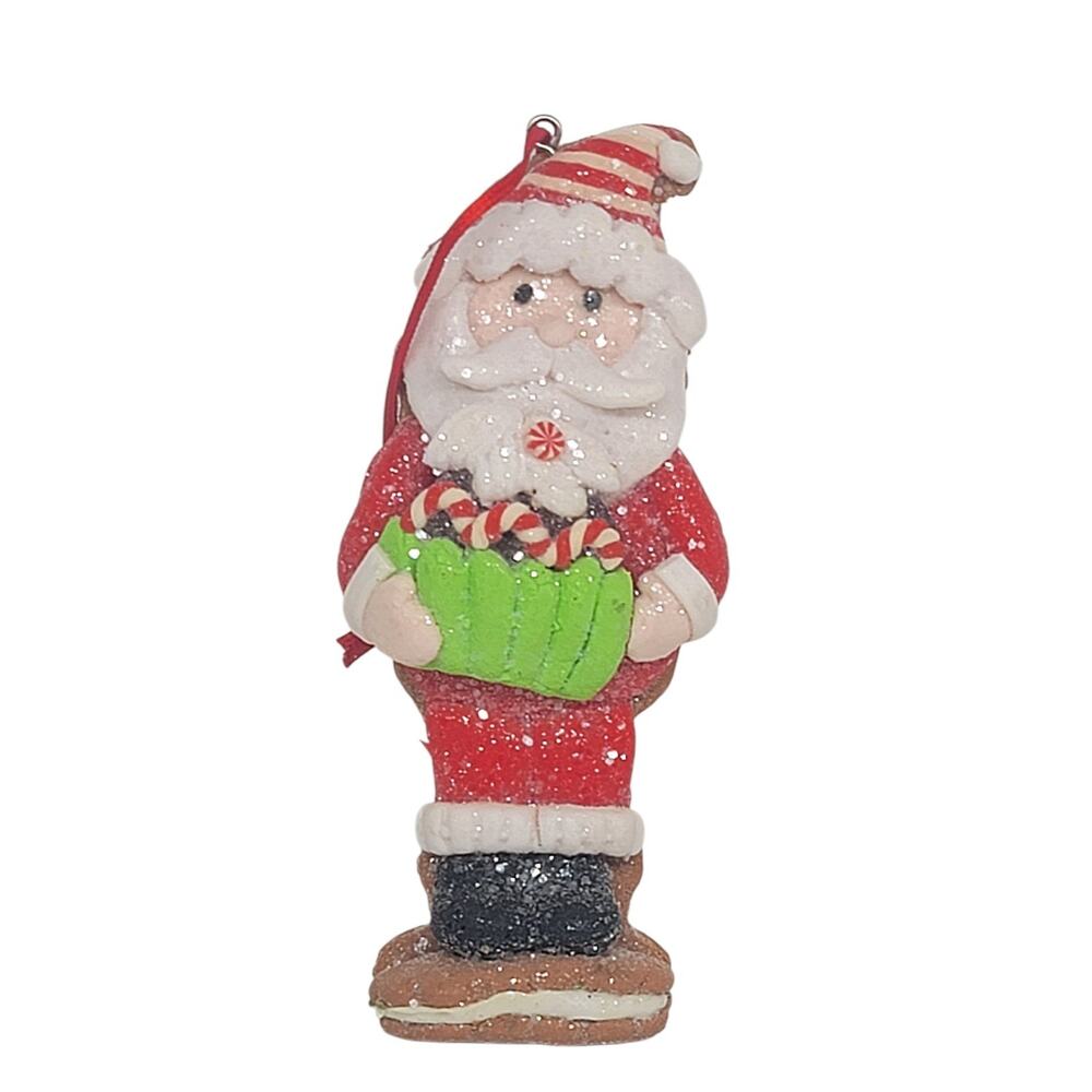 Christmas Gingerbread Santa Clay Dough Candy Cane House Glitter Ornament 5" CL8